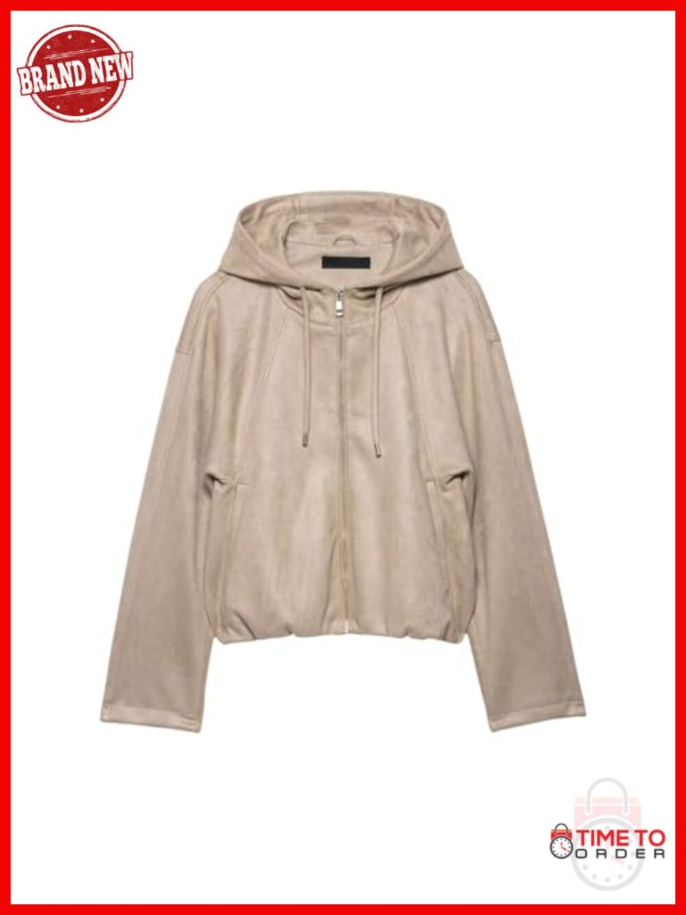 Faux Suede Drawstring Hooded Bomber Jacket with Zipper